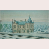 Slöinge station. Den här trevliga tavlan har målats 1909 av Arvid Lindoff och har välvilligt ställts till förfogande av Dan Andersson.
