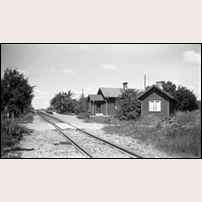 Tift hållplats och banvaktsstuga omkring 1960. Till höger om plattformen står ett elektriskt påstigningsmärke. Bild från Sveriges Järnvägsmuseum.  Foto: E. Pettersson, Vadstena. 