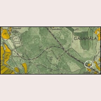 Gåsamåla grusgrop på ekonomiska kartan 1949. Inringat nedtill höger syns Gåsamåla banvaktsstuga.