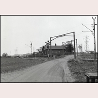 544 Petersberg i oktober 1957. Bilden tagen av SJ Signalsektion för att visa vägskyddsanordningarna i korsningen. Foto: Okänd. 