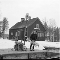 Flybäcken banvakts- och hållplatsstuga i början av 1960-talet. Bild från Järnvägsmuseet. Foto: Sven Thelberg. 