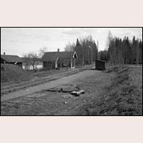 Limningsviken håll- och lastplats på 1930-talet. Trots att det ligger ett stycke kvar av ett sidospår så är håll- och lastplatsen förmodligen nedlagd (vilket skedde 1936). Byggnaden vid spåret liknar mera en dressinbod än en väntkur och någon plattform kan inte ses.  Bild från Järnvägsmuseet. Foto: Okänd. 