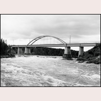 Den andra bron över Skellefte älv vid Kusfors byggdes 1943 som en Langerbalkbro i svetsat stål och med raka hängband. En mycket tilltalande anblick som dock störs av de nya mellanstöden. Bilden är från 1940-talet och har hämtats från Järnvägsmuseet.
 Foto: Okänd. 
