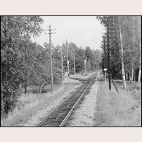 Gårdveda förgreningsväxel den 22 augusti 1961. Fotografen står vid bron över Emån och ser spåret rakt fram mot Målilla medan spåret mot Hultsfred viker av mot vänster. Om några dagar, den 1 september, kommer linjen mot Målilla att vara nedlagd.  Foto: Okänd. 