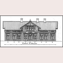 Skebokvarn station, ritning från 1894 på det från Flen hitflyttade stationshuset. Ritning ur SJ:s arkiv via https://ekeving.se. Foto: Okänd. 
