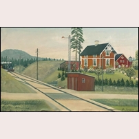 13 Vik, senare nr 168. Målningen är utförd någon gång mellan omkring 1910 och 1930. Bilden visar en typisk Borås - Alvestastuga med T-semafor som skyddar lastspåret. Bilden är hämtad från Facebookgruppen Järnvägar förr och nu. Foto: Okänd. 
