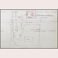 596 och 597 Hallsbergs kyrka, ritning inför föreslagen flyttning och tillbyggnad av 596 och rivning av 597. Ur Bantekniska byråns arkiv i Riksmuseet.