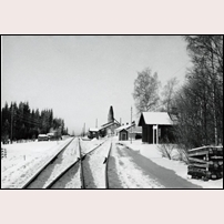 528 Åse låg vid Åsestugans håll- och lastplats. Plattformen med en liten väntkur syns mellan huvudspåret och stickspåret in till kalkindustrin. Bilden från Sveriges Järnvägsmuseum och sägs vara tagen på 1940-talet. Foto: Okänd. 