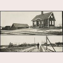 609 Hallestorp omkring 1932. På den nedre bilden ses till vänster om järnvägen 610 Hallestorp av modell 1872 vänster. Bild från Sveriges Järnvägsmuseum. Foto: Anders Karlsson (troligen). 