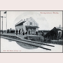 Åkeshög station på vykort som är taget tidigast 1904 då stationen öppnades och senast 1905 då unionen mellan Sverige och Norge upplöstes (se den hissade flaggan). Foto: Okänd. 