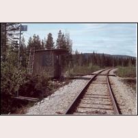 Gubbträsk hållplats i maj 1983. Fotoriktning mot Storuman, dvs järnvägsmässigt söderut men geografiskt snarare västerut. Foto: Sven Olof Muhr. 