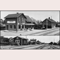 Forshem station på en typisk Anders Karlsson-bild. Karlsson var under åren 1934 - 1937 bosatt vid Blomberg i närheten av Forshem, varför man kan anta att bilden är tagen under den tiden. Till vänster står stationshuset från 1898, till höger syns det ursprungliga stationshuset från 1889. På den nedre bilden ses närmast godsmagasinet och därefter de båda stationshusen. Foto: Anders Karlsson, se anm. 