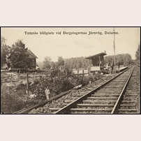 Tomnäs hållplats omkring 1903. Till vänster ses banvaktsstugan i Tomnäs. Foto: Okänd. 