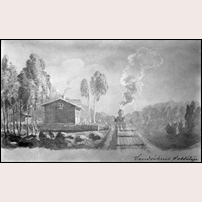 Sandviken banvaktsstuga på 1850-talet. Ur Claes Adelskölds skissbok. Bild från Järnvägsmuseet.