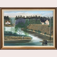 76A Trollhättan (till höger) och bron över Göta Älv på en målning 1914 av Carl Lambert.