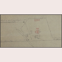 225 Sjögård, ritning tillhörande ombyggnadsärendet 1938. Med rött är det nya föreslagna läget markerat.