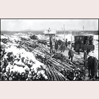 Kvarnåker lastplats 1919. Bilden visar frilastning av timmer på järnvägsvagn. Senare byggdes här en lastkaj. Idag allt borta. Bilden är ett bidrag från Göran Samuelsson. Foto: Okänd. 