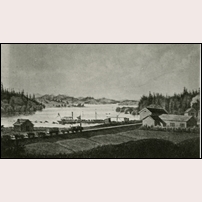 Sjöändan station på 1860-talet. Litografi av J.H. Strömer på bild från Järnvägsmuseet.