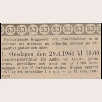 Annons i Dagens Nyheter den 17 april 1964. Man kan anta att barnvaktsstuga 
i det här fallet är en ren felskrivning, annars ganska vanligt förekommande.