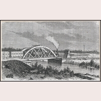Bro över Dyltaån vid Ervalla, träsnitt från 1866 av okänd konstnär. Bild från Järnvägsmuseet.