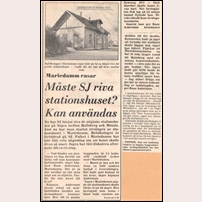 Mariedamm station, rivningen påbörjad enligt denna artikel den 6 oktober 1973 ur Nerikes Allehanda. Bilden hämtad från Facebookgruppen Järnvägar i Närke. Foto: Okänd. 