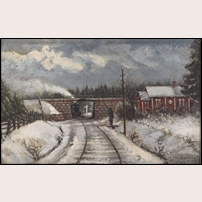 343 Marieberg 1888. Bilden visar en oljemålning av Vilhelm Leonard Rydberg (1821-1903). Vid spåret står banvakten med sin hoprullade flagga i högra handen. Banvakt här då målningen tillkom var Anders Gustaf Bergström varför det bör vara han som postar för tåget. Rydberg var banktjänsteman i Kristinehamn större delen av sitt liv och en uppskattad konstnär. Originaltavlan finns i Järnvägsmuseets samlingar.